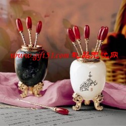 高檔玉石水果叉,白玉水果叉定制